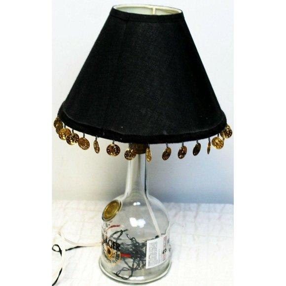 Goldschlager Table Lamp Clear Bottle Black Shade Coin Fringe Handmade Rice Light - Picture 5 of 12